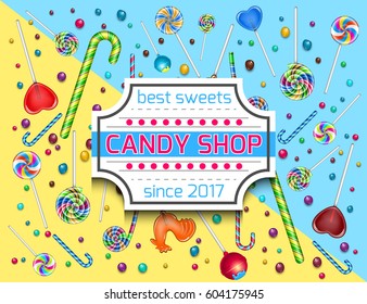 Candy, lollipop, sweet set. Logo and realistic background for the holiday. Vector illustration.