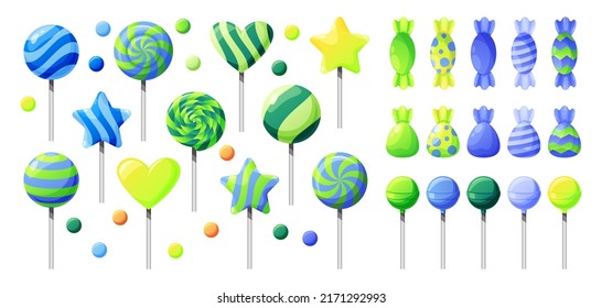 Candy and lollipop. Sweet sugar marshmallow, wrapped twirl gums, dessert food and confectionery. Blue green colors bonbons. Party and presents. Cartoon vector illustration on white background