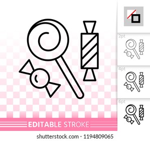 Candy lollipop thin line icon. Outline sign of sweet food. Halloween linear pictogram with different stroke width. Simple vector transparent symbol. Candy Lollipop editable stroke icon without fill