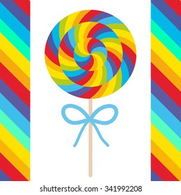 candy lollipops with bow, colorful spiral candy cane. Candy on stick with twisted design on white background with bright rainbow stripes. Vector