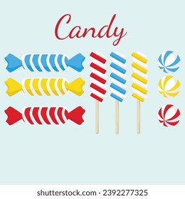 Candy, lollipops, caramel sugar in wrappers, gum and marshmallows twisted on a stick. Illustrations vector