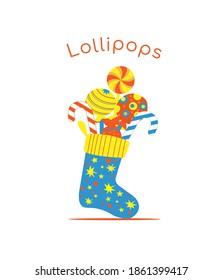 Candy, lollipops in the long Christmas sock. Flat vector illustration, isolated ibjects.