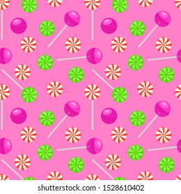 Candy lollipops on pink background seamless vector pattern. Seamless of candy.