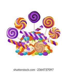 Candy and lollipops on a white background. Various sweets for children for the holiday Halloween. Multicolored sweet treats. Vector illustration.