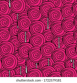 Candy lollipops seamless pattern background. Sea of sweets on a stick. Hand drawn pink caramel in cartoon style. Doodle pattern with candies. Sweet decoration for the holiday.