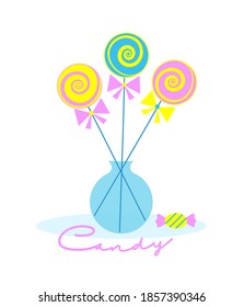 Candy, lollipops in a vase. Flat vector illustration, isolated ibjects.