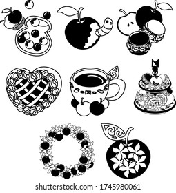 The candy and macaroons and pie and tea and wreath and jewelry of apple