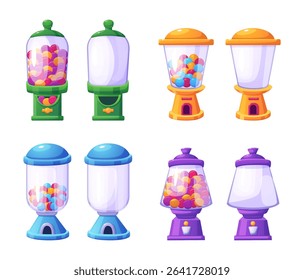 Candy machines full and empty of candies. Colorful balls of bubblegum or glazed choco. Vending machine for supermarket, mall, kids zone, cinema. Cartoon vector elements