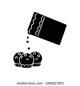 Candy making black glyph icon. Sweet dessert cooking, sugar confection preparation silhouette symbol on white space. Tasty dainty, delicious chocolate treat and sugar pack vector isolated illustration