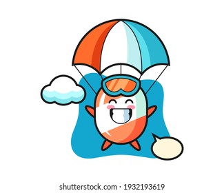Candy mascot cartoon is skydiving with happy gesture