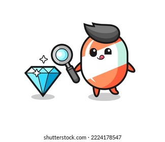mascota de caramelos está revisando la autenticidad de un diamante , diseño de estilo lindo para camiseta, pegatina, elemento logo