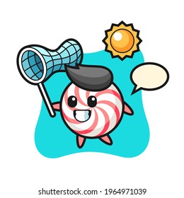 Candy mascot illustration is catching butterfly, cute style design for t shirt, sticker, logo element