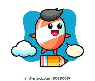 Candy mascot illustration riding on a giant pencil