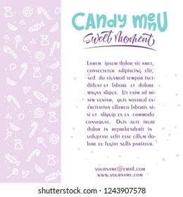 Candy menu - menu cover template for your design with lettering logo in hand drawn style. Vector illustration, EPS 10.