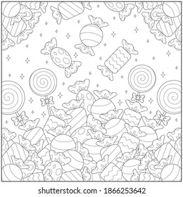 Candy and candy and more candy. learning and education coloring page illustration for adults and children. outline style, black and white drawing