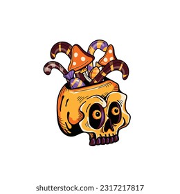 Candy and mushrooms in the bright skull on white background. Design template for advertising, web, social media. Halloween Happy holiday. Vector illustration.
