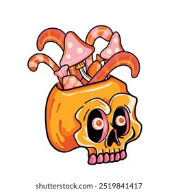 Candy and mushrooms in the bright skull on white background. Design template for advertising, web, social media. Halloween Happy holiday. Vector illustration.