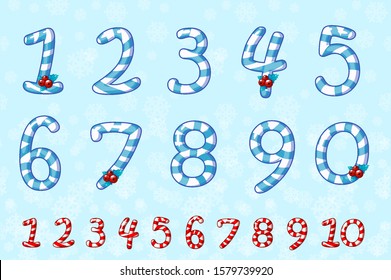 Candy numbers set in blue. Sweet lollipop figure. Numbers for event, promo, logo, banner, monogram and poster.