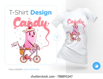 Candy on a bicycle. Prints on T-shirts, sweatshirts, cases for mobile phones, souvenirs. Isolated vector illustration on white background.