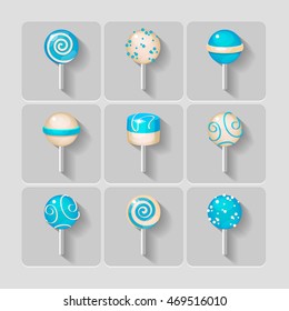Candy on a stick icons set on white background_Blue