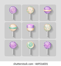 Candy on a stick icons set on white background_Lilac and Mint
