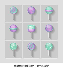 Candy on a stick icons set on white background_Lilac and Mint