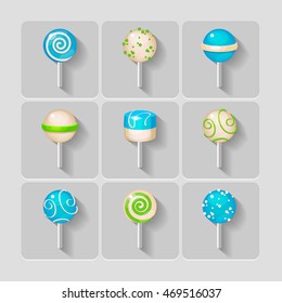 Candy on a stick icons set on white background_Blue and Green