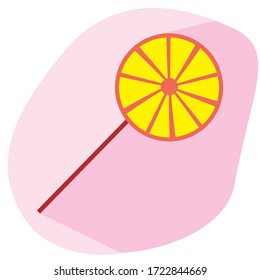 Candy on a stick or lollipop as a concept of harmful sweetness or gift. Flat vector stock illustration with food with shadow top view as icon or logo for design.