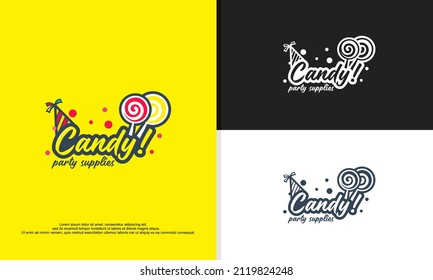 caramelos en palo. Letras con el logo de texto para postre dulce de caramelo para los niños. Ilustración vectorial dibujada a mano para su diseño. logotipo de los proveedores de fiestas para niños.