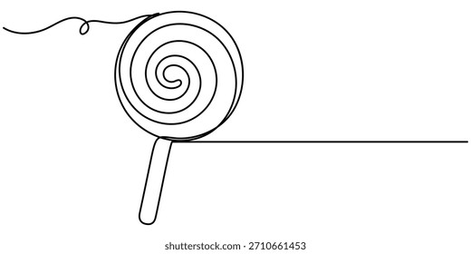 candy on stick. Vector sketch of round caramel with striped swirls in one black contour isolated on white background. 