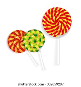 Candy on a stick.Three multi-colored treats. Glossy, delicious, festive striped candy canes.Vector image of Christmas sweets.
