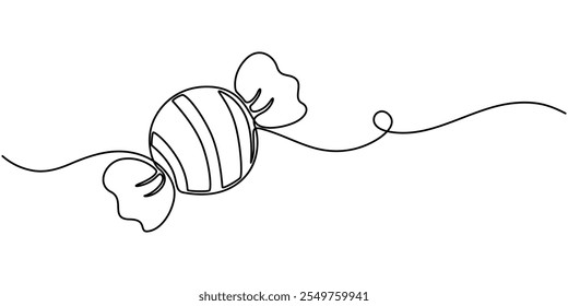 Süßigkeiten in einer durchgehenden Strichzeichnung, . Kontursymbol. Doodle, Vektorgrafik. Eine durchgehende Liniengrafik einer Süßigkeit einzeln auf weißem Hintergrund. Linie Kunst von Süßigkeiten pro Vektorgrafik.