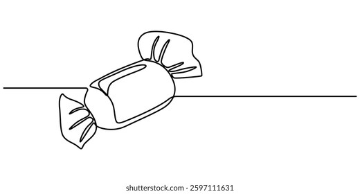 Candy in one continuous line drawing. Minimalist design for sweets and dessert themes. Simplified hand-drawn illustration for treats and celebrations, Candy in one continuous line drawing, Contour.