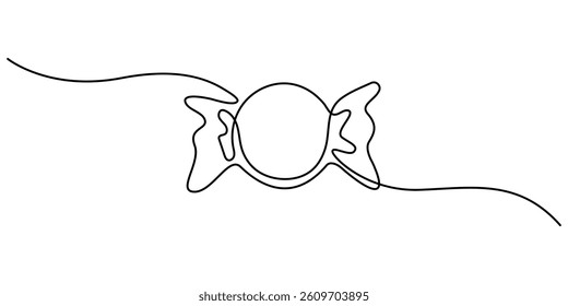 Candy in one continuous line drawing. Minimalist design for sweets and dessert themes. One continuous line illustration of a candy. Simplified hand-drawn illustration for treats and celebrations.