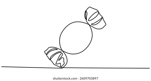 Candy in one continuous line drawing. Minimalist design for sweets and dessert themes. One continuous line illustration of a candy. Simplified hand-drawn illustration for treats and celebrations.