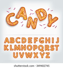 Candy Orange 3d alphabet font letters. Comic art 3D font. Cartoon style 3D font. Funny alphabet font 3D letters. Kids font letters. Decoration font. Bright 3d font. Tasty 3d font. 