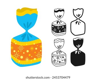 Candy with ornament wrapped sign set. Sweets bonbon lollipop chocolate caramel candies snack flat silhouette, icon linear design. Simple symbol dessert for childish party. Wrapped caramel yummy vector