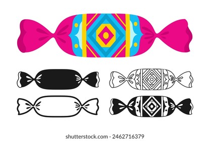 Candy with ornament wrapped sign set. Sweets bonbon lollipop chocolate, caramel candies snack flat silhouette, icon linear design. Simple lolly symbol childish party. Wrapped caramel yummy vector