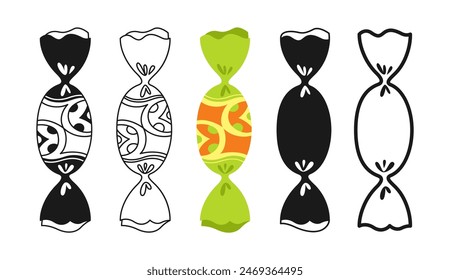 Candy with ornament wrapped sign set. Sweets bonbon lollipop chocolate, caramel candies snack flat silhouette, icon linear design. Simple symbol tasty sugar dessert food. Wrapped yummy caramel vector