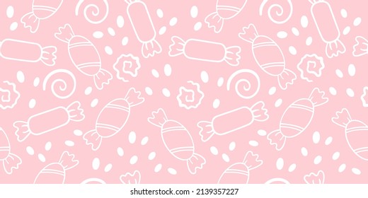 Candy outlines on a pink background, vector seamless pattern, hand-drawn
