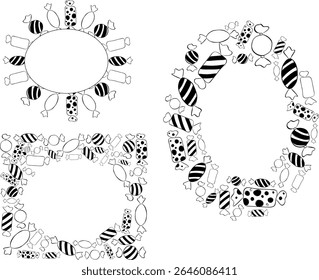 Candy oval frame set template. Vector graphic line ink illustration. Christmas Black and white border with stripes set. Perfect for cards, decorations, stickers, logo, menu, various designs.
