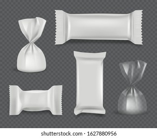 Candy package. Realistic paper wrappers glossy pack for chocolate sweets vector mockup set