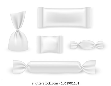 Candy packaging empty white template, gift assorted bags. Mockup to display personal branding designs for sweets. Vector packaging realistic style illustration on white background