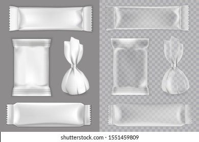 Candy Packaging Mockup Set, Vector Isolated Illustration. Realistic White And Transparent Blank Plastic Foil Food Snack Pack For Candy, Chocolate Bar Etc.