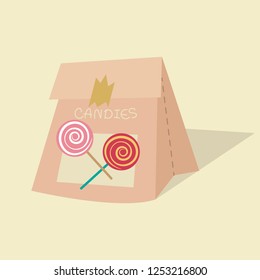 Candy in paper bag vector illustration. Pastel cute paper bag vector cartoon. 