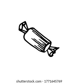 Bonbons in Papierverpackungen, schwarze Umrisse auf weißem Hintergrund. Lineare Vektorgrafik. Doodle-Element für die Gestaltung von Postkarten, Drucke, Verpackung, Menü, Textilien, Hintergrund.
