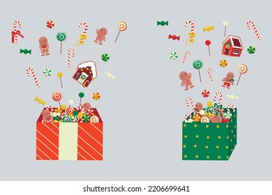 Candy party gifts. Set of gifts with sweets. Christmas candy set for kids. Collection of vector sweets -lollipops, caramel, cane. Cute vector illustration or sticker Merry Christmas and Happy New Year
