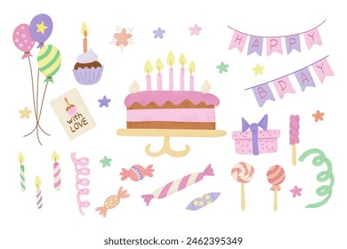 Candy pastel birthday hand drawn flat set. Vector trendy textured illustrations with items for kids party with cake and candies isolated on white background