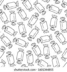 Candy Pastry Sweet Food Doodle Cartoon Vector Outline Monochrome Seamless Pattern Print Isolated Elements White Background