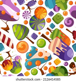 Candy pattern. Fairytale sugar and cream tree and flowers desserts from caramel garish vector seamless background for textile design template